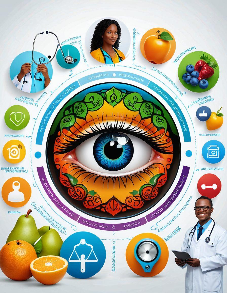 A visually striking eye symbol intertwined with a stethoscope, surrounded by various icons representing insurance policies and healthy living. In the background, a patient consulting with a doctor in a bright and welcoming clinic, showcasing a diverse range of people. The color scheme should be bright and inviting, evoking trust and positivity. super-realistic. vibrant colors. white background.