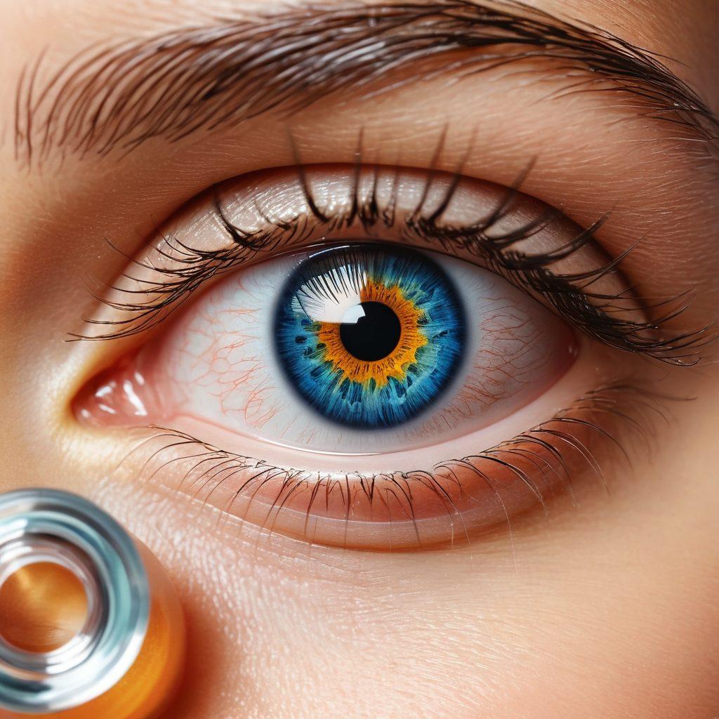 A close-up of a pair of bright, expressive eyes, surrounded by symbols of eye care such as glasses, contact lenses, and a gentle hand holding an eye drop bottle. In the background, soft waves of color symbolize clarity and vision, with icons representing insurance coverage options subtly integrated. The overall mood is soothing and informative, inviting readers to consider their ocular health. super-realistic. vibrant colors. white background.